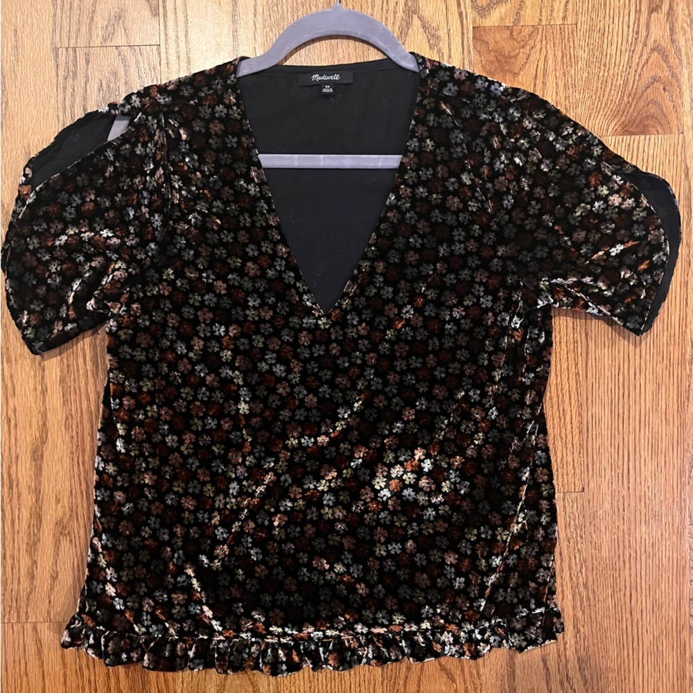 Madewell Velvet Tulip-Sleeve Ruffle Top in Petite Blooms Sz XS